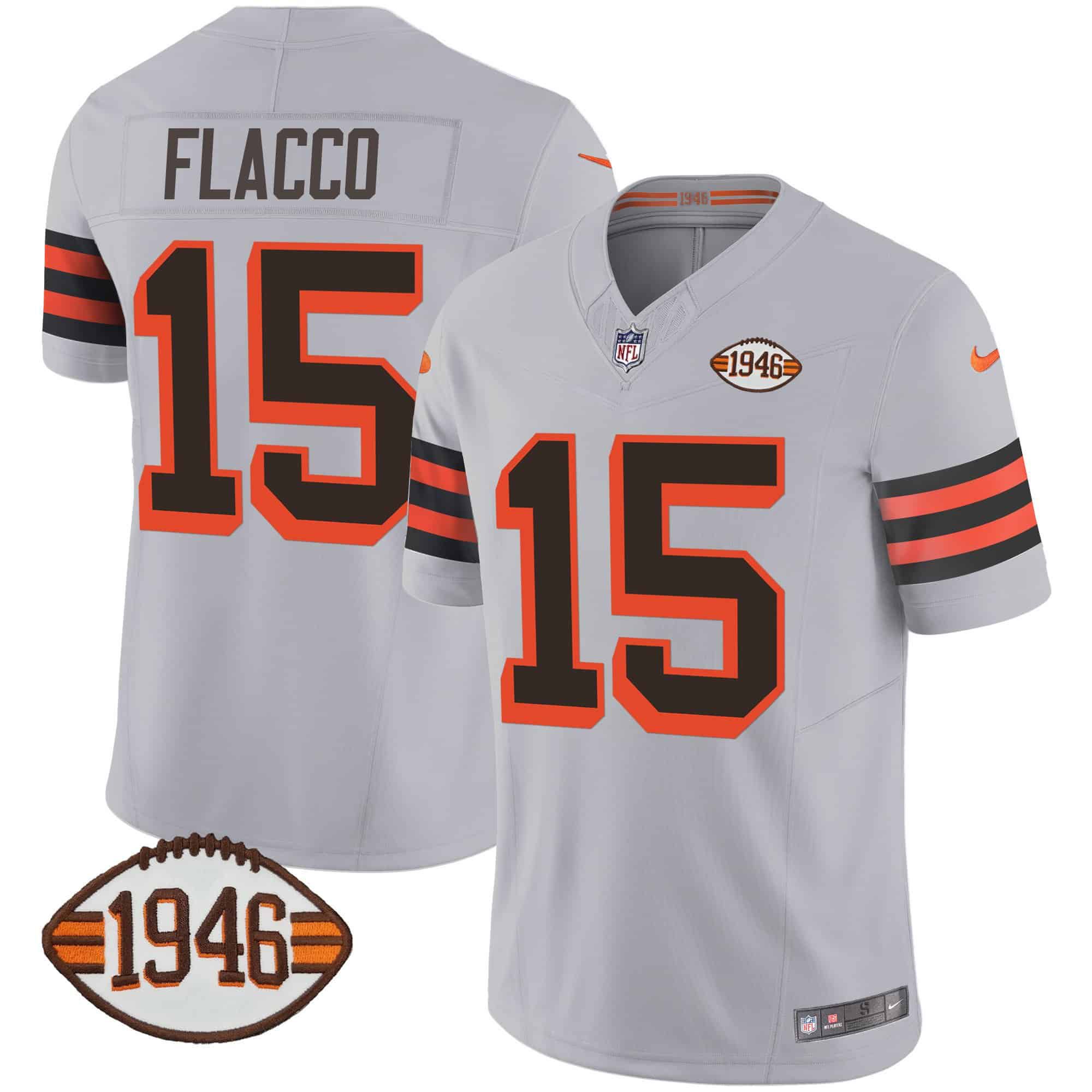 Men Cleveland Browns 15 Flacco Grey 1946 75th Anniversary Patch 2024 Nike NFL Jersey